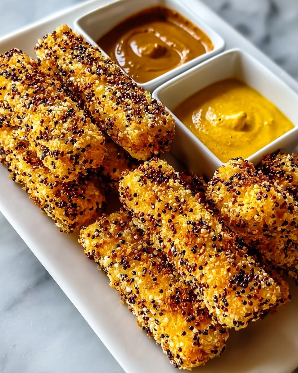 Large white rectangular platter showcasing a full serving of golden, crispy breaded cheese sticks, each coated with a crunchy, textured crust speckled with black quinoa seeds, arranged neatly to fill the entire dish. Accompanying the cheese sticks are two square white ramekins filled with smooth, mustard-colored dipping sauces, one slightly glossy and the other with a textured surface, all presented on a pristine white marble countertop under natural lighting, styled as a professional hero shot from a food magazine. Photo taken with an iphone --ar 4:5 --v 7