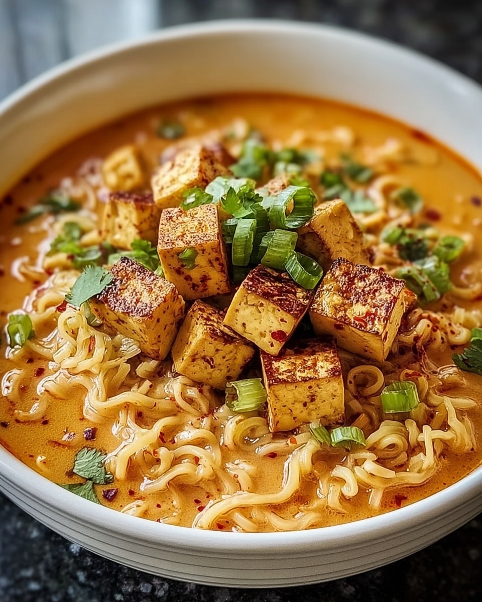 A large white bowl filled with a generous serving of spicy ramen noodle soup, featuring a rich, creamy orange broth perfectly coating the springy noodles, topped with an abundant portion of golden-browned tofu cubes seasoned with red chili flakes, and garnished with fresh chopped cilantro and green onions, whole dish photographed from a 3/4 angle on a white marble countertop, natural lighting, professional food styling photo taken with an iphone --ar 4:5 --v 7