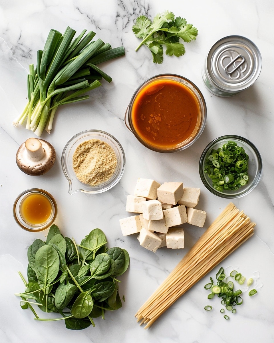 Single white bowl with a close-up view of a steaming serving of creamy, spicy tofu ramen, showing soft noodles immersed in rich, vibrant orange broth with cubes of golden-seared tofu and fresh chopped green herbs scattered on top, accented by small bright red tomato pieces, placed on a white marble surface, natural lighting highlighting the texture and warmth of the dish, intimate plated serving photo taken with an iphone --ar 4:5 --v 7