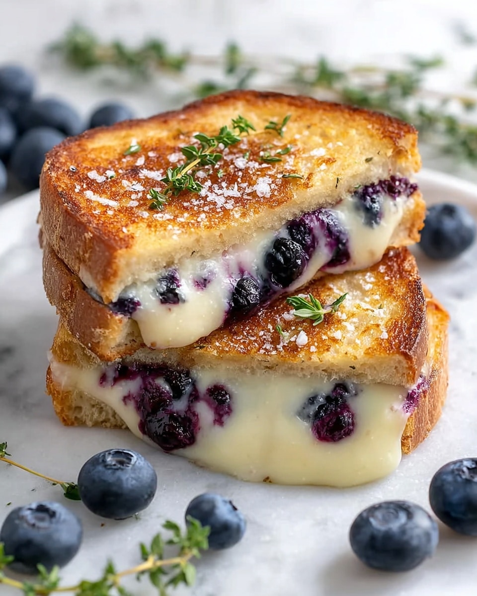 Full white rectangular plate holding multiple golden brown grilled cheese sandwiches filled with melted creamy cheese and whole blueberries, each sandwich stacked neatly with coarse sea salt and fresh thyme sprigs sprinkled on top and around, styled on a white marble countertop with natural lighting, professional food magazine hero shot photo taken with an iphone --ar 4:5 --v 7