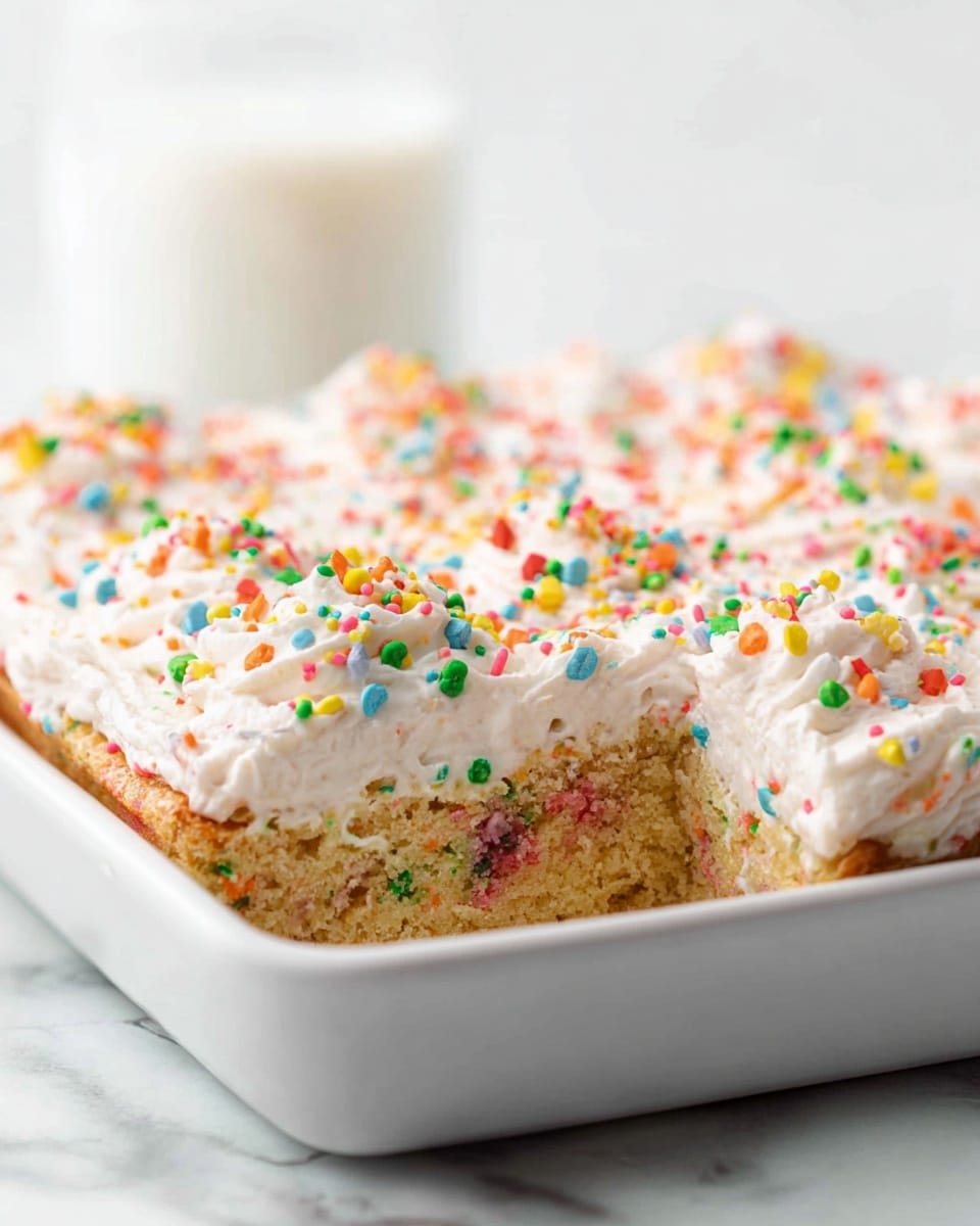 A large white rectangular baking dish filled with a whole moist funfetti cake, topped evenly with thick, fluffy white frosting generously sprinkled with colorful rainbow confetti bits, the cake's soft crumb studded throughout with vibrant specks of confetti for a festive look, photographed from a 3/4 angle on a white marble countertop with natural lighting, styled like a hero shot in a food magazine, photo taken with an iphone --ar 4:5 --v 7