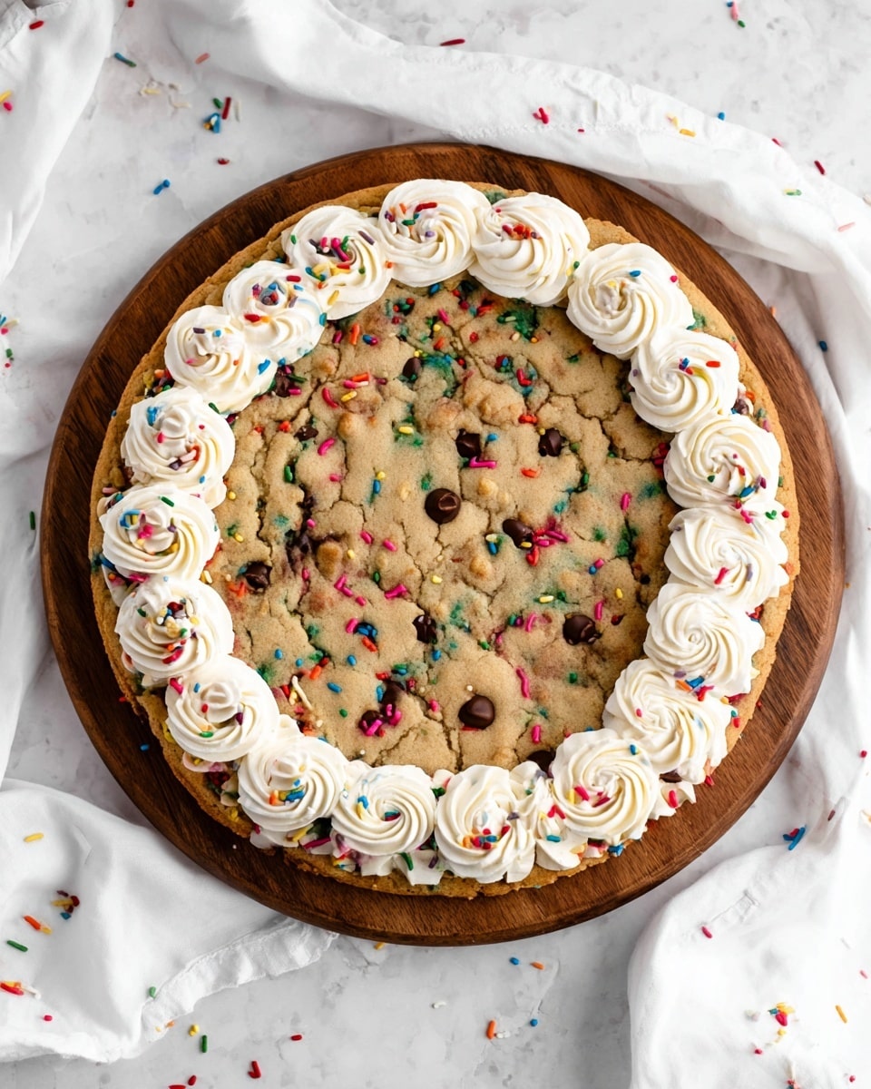 Whole large chocolate chip cookie cake presented on a round wooden board, decorated with evenly piped swirls of creamy white frosting around the entire edge, topped with colorful rainbow sprinkles scattered generously on the frosting and cookie surface, photographed from above on a white marble countertop with soft natural lighting, professional food magazine hero shot photo taken with an iphone --ar 4:5 --v 7