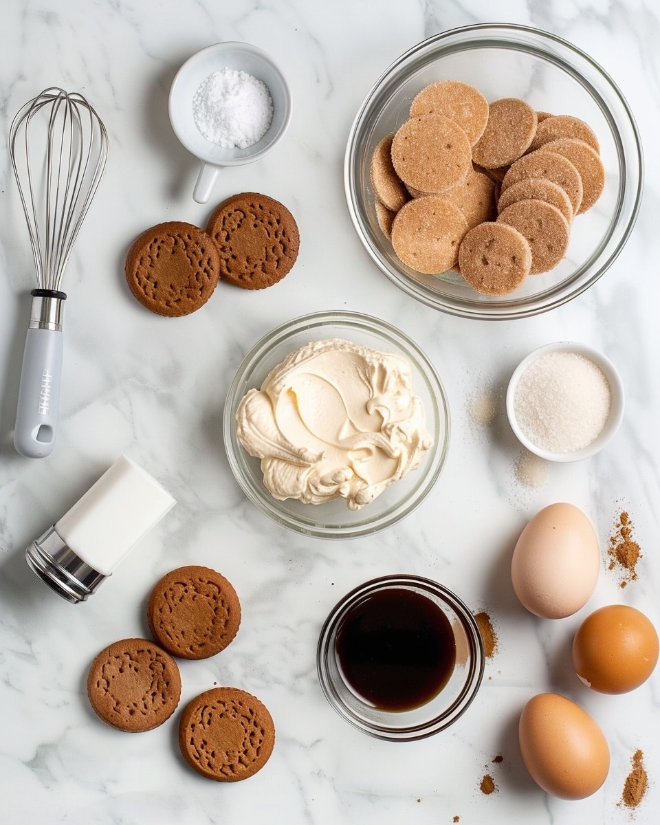 Single white square glass dish holding a single serving of layered dessert with alternating smooth creamy vanilla custard and spiced cookie crumb layers, topped with elegantly piped swirls of whipped cream drizzled with caramel sauce and dusted with cinnamon, a whole spiced cookie standing upright as garnish, close-up angled shot revealing the rich texture and distinct layers of the dessert, resting on a white marble surface with cookie crumbs scattered around, natural light highlighting the glossy caramel and soft cream, intimate plated serving photo taken with an iphone --ar 4:5 --v 7