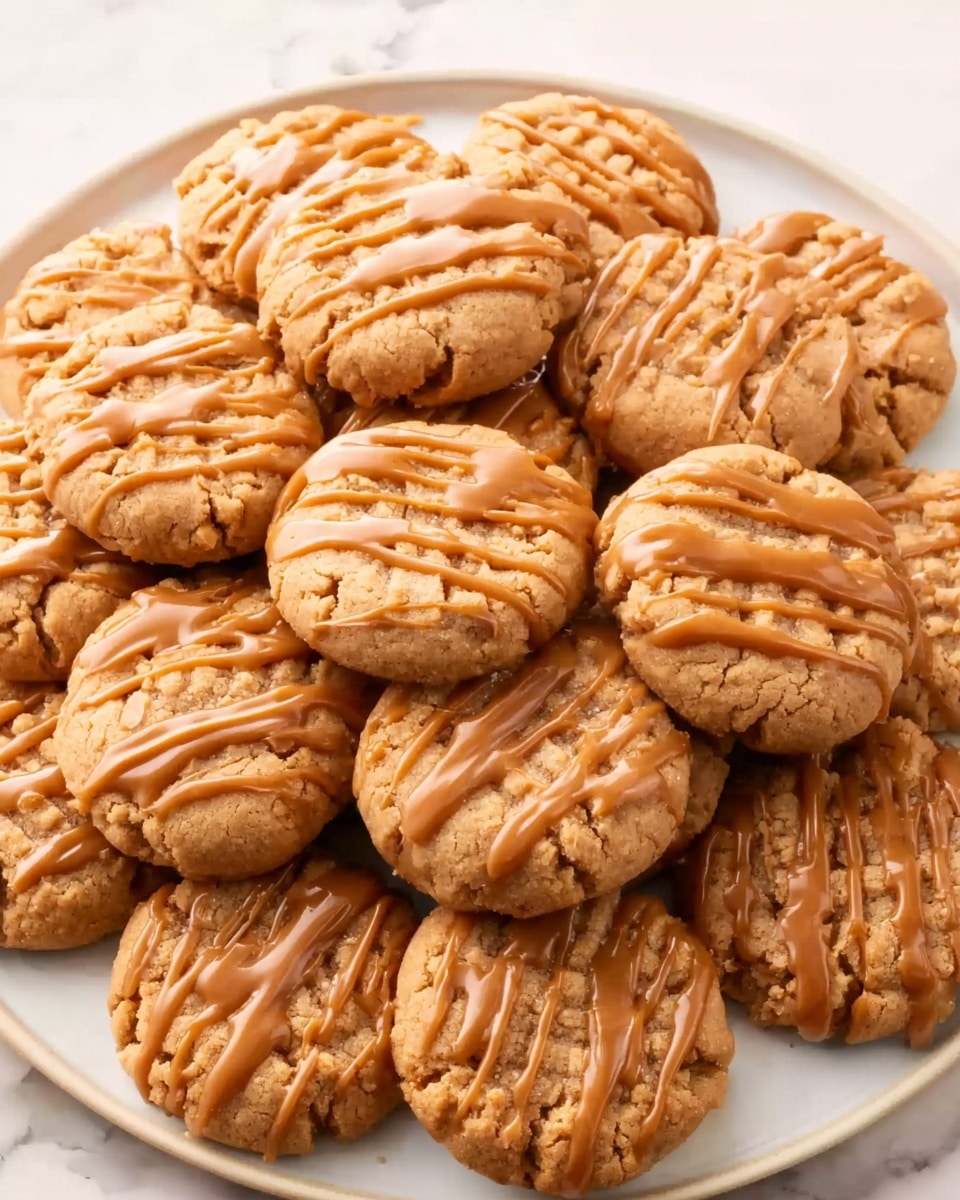 Large white ceramic plate piled high with a full batch of freshly baked peanut butter cookies, each cookie perfectly round with a soft, tender texture, generously drizzled with smooth caramel sauce, arranged neatly to showcase the entire collection, photographed with natural lighting on a white marble surface, professional food styling, hero shot from a slight 3/4 angle, photo taken with an iphone --ar 4:5 --v 7