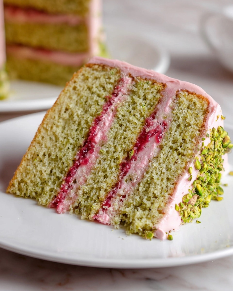 Tall whole cake covered in smooth pink frosting, decorated on top with a neat ring of fresh raspberries and sprinkled with crushed pistachios, presented on a round white marble board, captured in a professional 3/4 angle shot with natural lighting on a white marble background, showcasing the entire impressive dessert, photo taken with an iphone --ar 4:5 --v 7