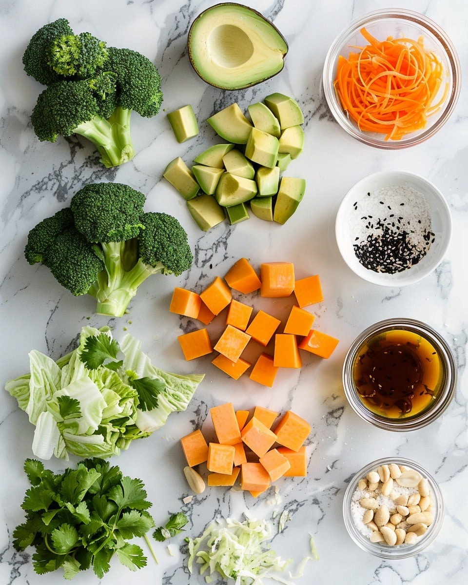 Single white bowl containing one serving of a vibrant tofu and vegetable rice bowl, showcasing golden-browned, caramelized tofu cubes sprinkled with chopped peanuts and sesame seeds, alongside bright shredded carrots, thinly sliced purple cabbage, fresh avocado slices drizzled with creamy peanut sauce and sprinkled with black sesame seeds, and a wedge of lime on the side, all arranged neatly over a bed of white rice, close-up angled view capturing the contrasting textures and colors, set on a white marble surface with natural lighting, styled like a food blog shot, photo taken with an iphone --ar 4:5 --v 7