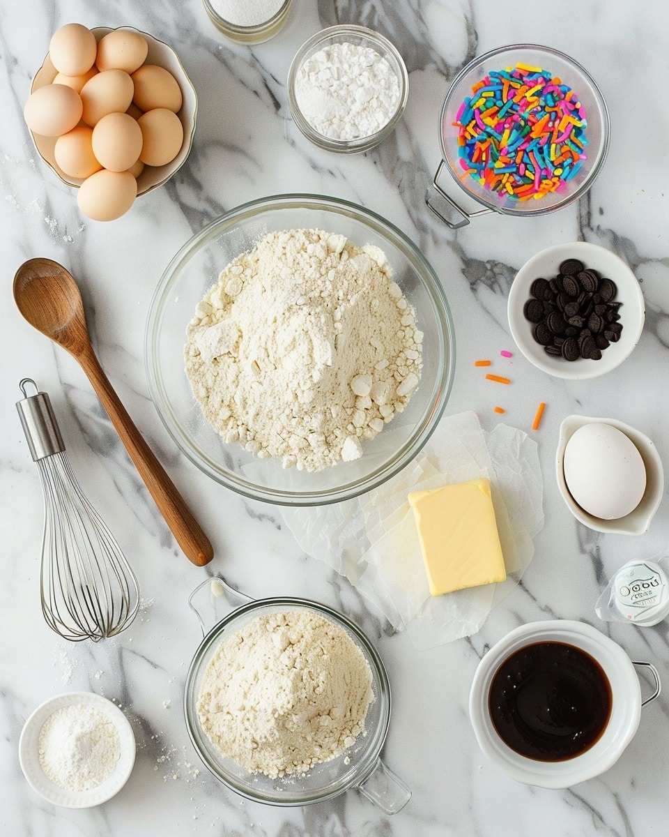 Single white square plate holding one thick slice of funfetti cookie bar showing a textured cross-section filled with chunks of golden vanilla cookie, embedded golden Oreo cookie pieces, and colorful sprinkles, close-up angle revealing soft and chewy interior with crunchy cookie edges, natural light highlighting the varied textures and playful sprinkles, placed on white marble surface, intimate plated serving photo taken with an iphone --ar 4:5 --v 7