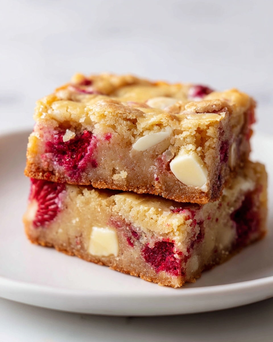 Full square white baking dish filled with a raspberry and white chocolate blondie, the golden-brown top studded evenly with whole raspberries and chunks of creamy white chocolate, edges slightly crisp and center soft and chewy, photographed from a 3/4 angle to showcase the thick, moist texture on a white marble countertop with natural lighting, styled as a hero shot for a food magazine, photo taken with an iphone --ar 4:5 --v 7