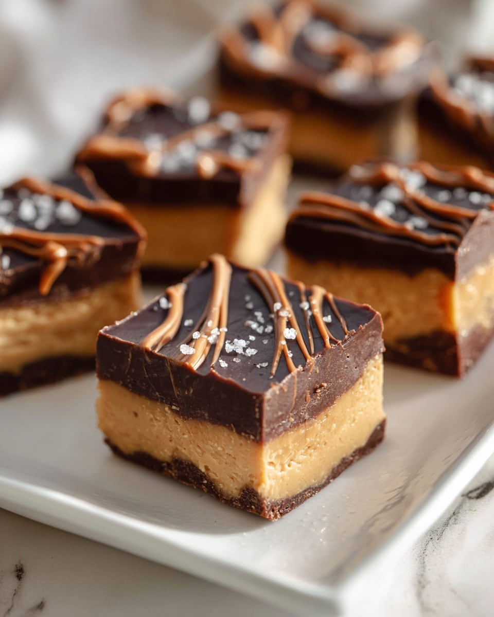 A large white rectangular platter showcasing a full batch of rich peanut butter squares topped evenly with thick, smooth dark chocolate, artfully drizzled with chocolate swirls and a sprinkling of sea salt crystals, all arranged neatly on parchment paper with whole peanuts casually placed in the background, photographed from a 3/4 angle on a pristine white marble countertop with natural lighting highlighting the decadent textures, professional food styling photo taken with an iphone --ar 4:5 --v 7