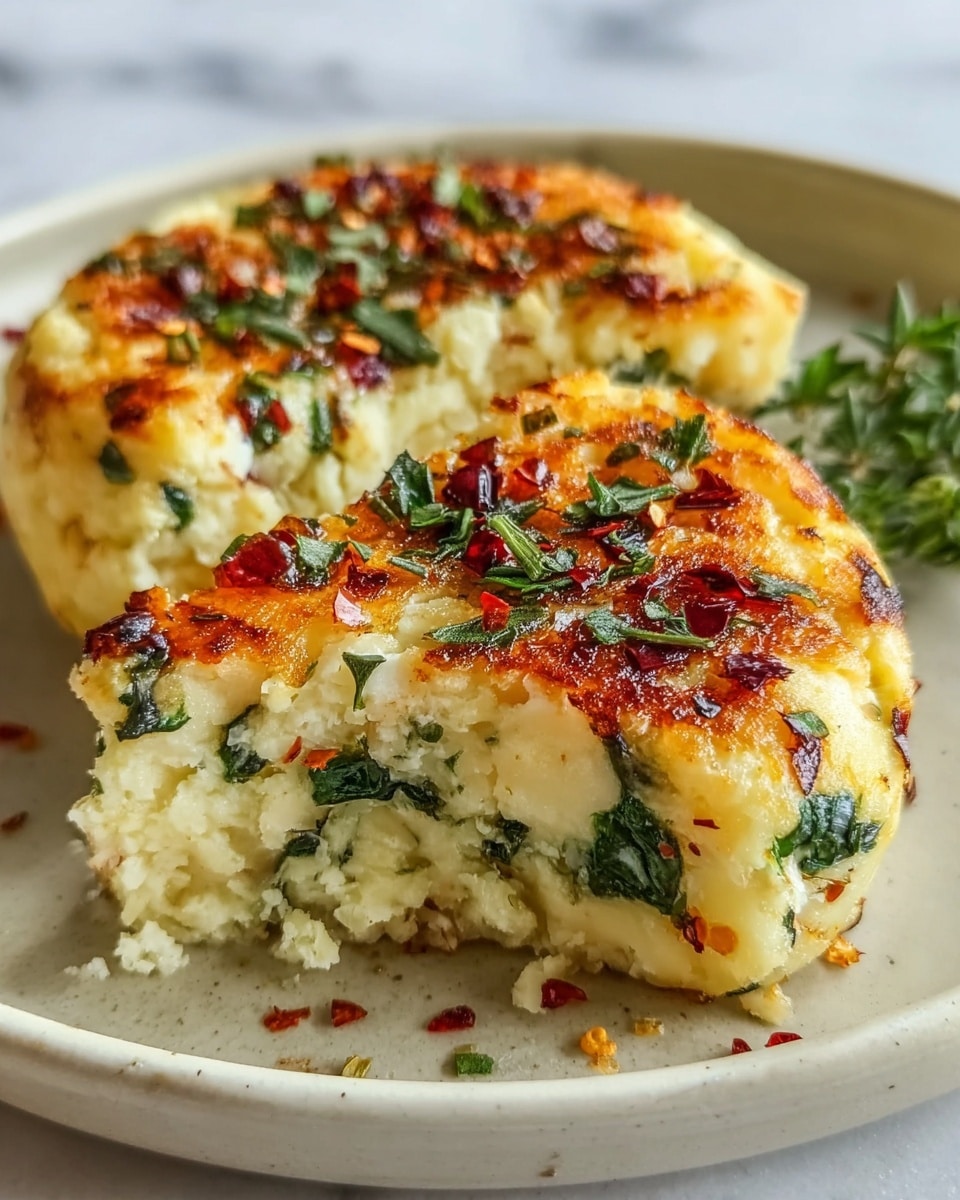 A large white ceramic baking dish filled with multiple golden brown, fluffy cauliflower patties, each studded with vibrant green spinach pieces, red chili flakes, and topped with crumbled white feta cheese and fresh thyme leaves, showcasing the entire batch freshly baked and perfectly arranged, photographed from a 3/4 angle on a white marble countertop with natural lighting, professional food styling photo taken with an iphone --ar 4:5 --v 7