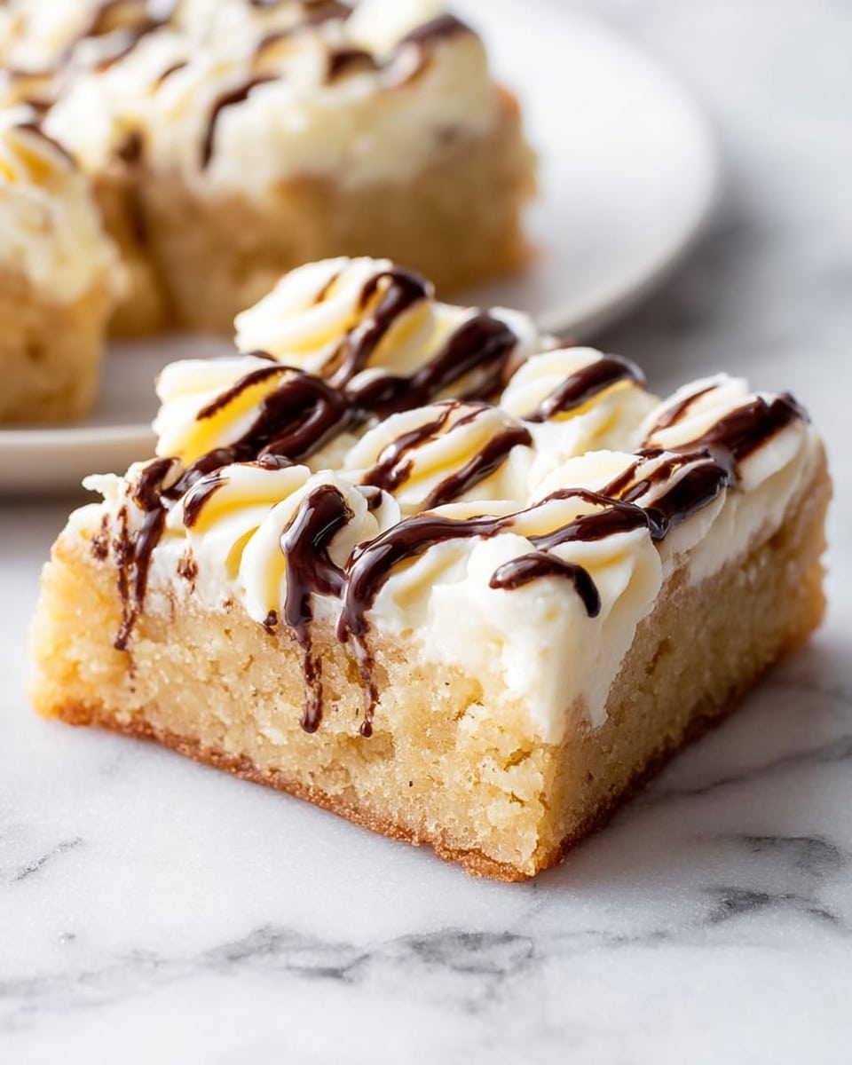 Large white square baking dish filled with a whole batch of blondies, featuring a smooth golden crust drizzled generously with alternating ribbons of dark chocolate and white chocolate, presented in a professional 3/4 angle shot on a white marble countertop with natural lighting, emphasizing texture and glossy chocolate details, like a hero food magazine photo taken with an iphone --ar 4:5 --v 7
