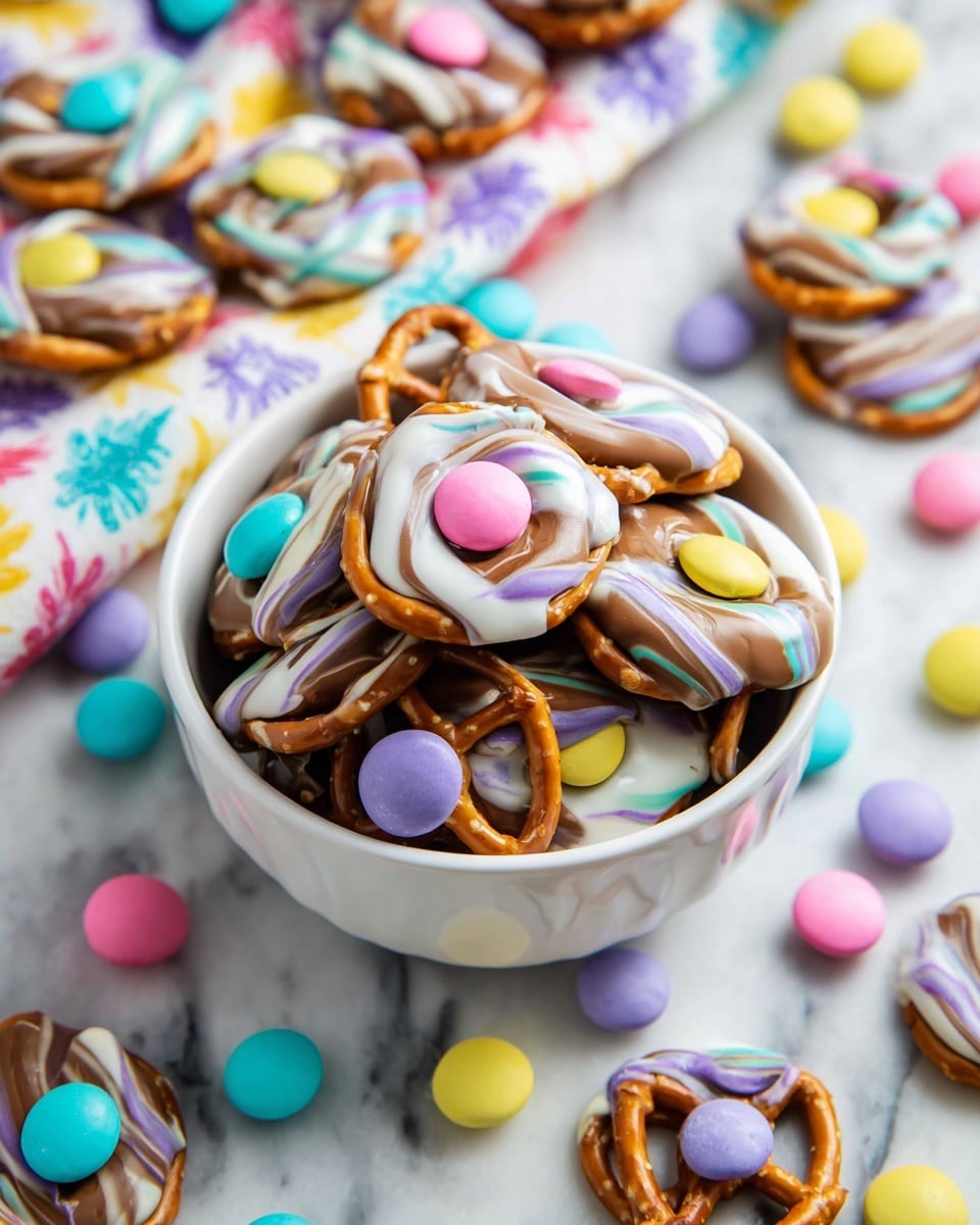 Large white serving plate heaped with colorful pretzel bites topped with white and milk chocolate swirls and vibrant candy-coated chocolates in pastel colors like blue, yellow, pink, green, and purple, arranged invitingly to showcase the full quantity and variety, surrounded by a white marble countertop, natural lighting highlighting the glossy chocolate textures, professional food styling photo taken with an iphone --ar 4:5 --v 7