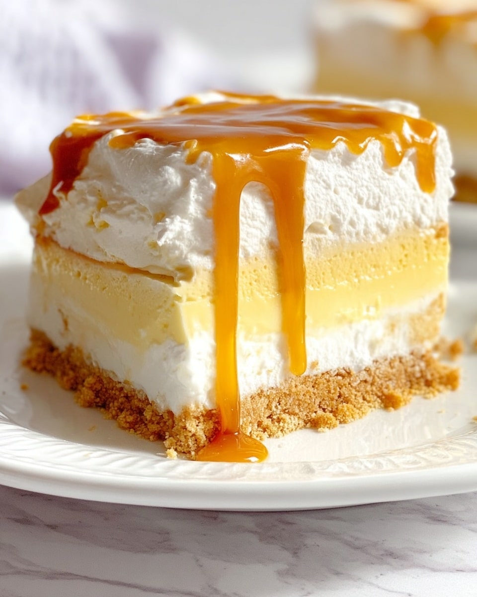 Large white rectangular baking dish filled with a whole layered no-bake ice cream dessert resting on a golden graham cracker crust, topped evenly with thick whipped cream and drizzled with smooth caramel sauce all over, shown from a 3/4 angle on a white marble countertop under natural lighting, styled like a hero shot from a food magazine, photo taken with an iphone --ar 4:5 --v 7
