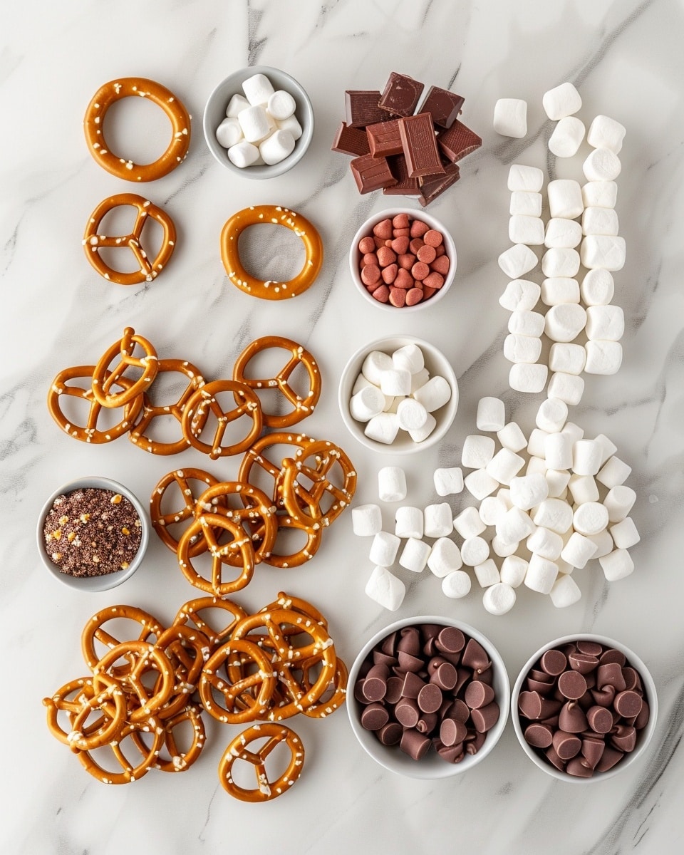 Single white plate with one round chocolate and marshmallow pretzel treat, close-up view showing the shiny, smooth melted chocolate nestled in the pretzel ring topped with a soft white marshmallow, highlighting the contrast between the crunchy pretzel texture and the creamy chocolate center, natural lighting on white marble surface, intimate styled plated serving photo taken with an iphone --ar 4:5 --v 7