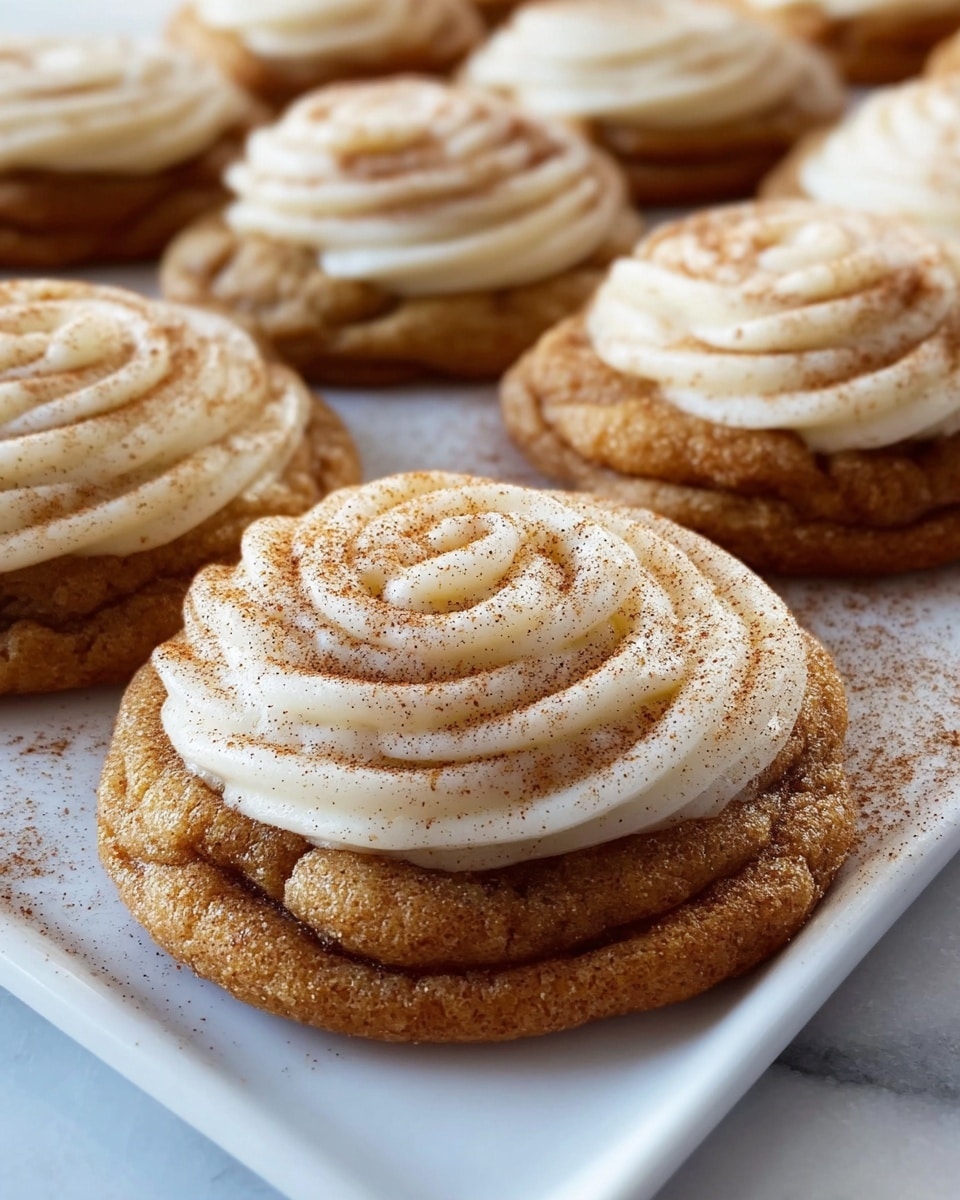 A white rectangular platter filled with a full batch of freshly baked cinnamon cookies topped with generous swirls of creamy white frosting sprinkled with a dusting of cinnamon powder, each cookie evenly spaced to showcase their soft texture and rich golden-brown color, photographed from a close-up 3/4 angle capturing the entire arrangement on a white marble countertop with natural lighting, styled as a professional food magazine hero shot, photo taken with an iphone --ar 4:5 --v 7