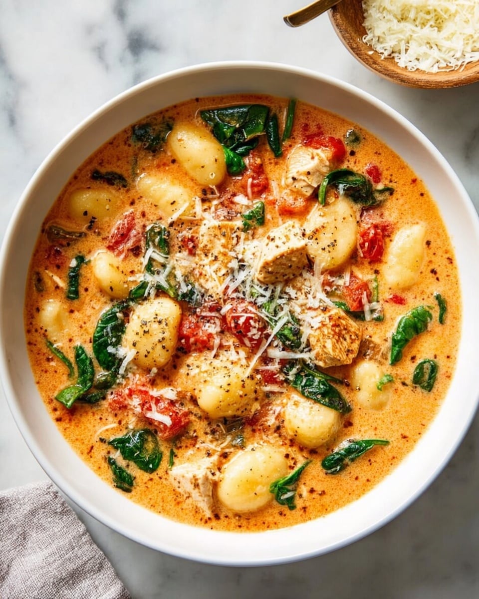 Two large white bowls filled with creamy tomato basil gnocchi soup, brimming with tender chunks of seasoned chicken, soft gnocchi, fresh spinach leaves, and diced tomatoes, all swimming in a rich, velvety orange broth topped generously with grated Parmesan cheese and freshly ground black pepper, arranged together on a white marble countertop alongside small dishes of coarse salt and pepper, with natural lighting highlighting the vibrant colors and textures, professional 3/4 angle food magazine hero shot photo taken with an iphone --ar 4:5 --v 7