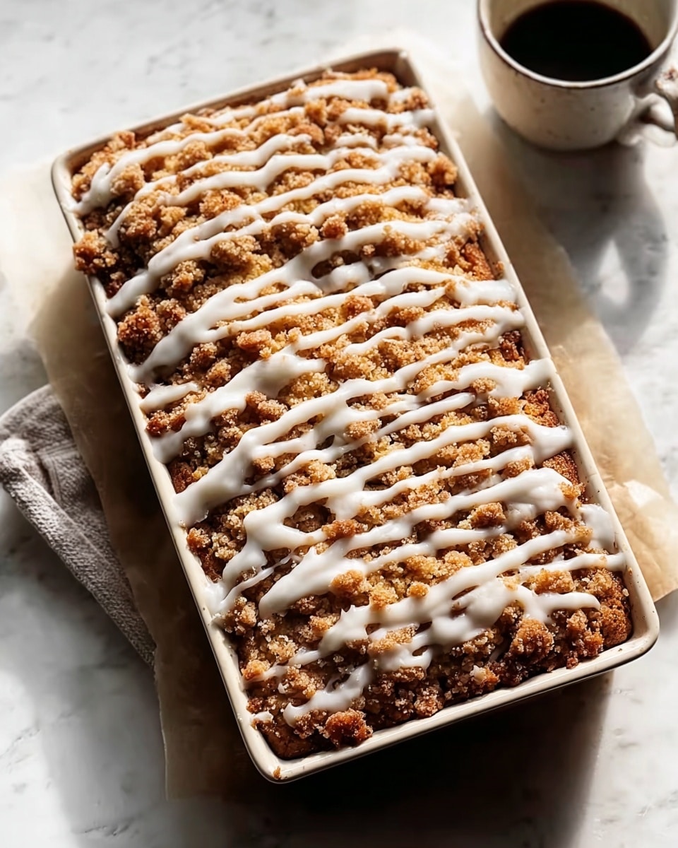 Full rectangular white baking pan filled with a freshly baked coffee cake topped with a golden, crumbly streusel crust drizzled generously with smooth white icing, the entire uncut cake perfectly visible, displayed on a white marble surface with natural lighting highlighting the texture and warm tones, styled like a hero shot from a food magazine, photo taken with an iphone --ar 4:5 --v 7