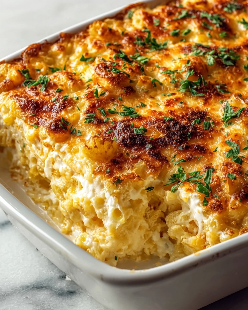 Large white ceramic baking dish filled with a whole creamy baked macaroni and cheese casserole, topped with a perfectly golden brown, bubbly cheese crust sprinkled generously with fresh chopped parsley, the rich and cheesy pasta visibly layered beneath the crispy top, photographed from a professional 3/4 angle view on a white marble countertop with natural lighting, capturing the entire dish in frame, food magazine hero shot style photo taken with an iphone --ar 4:5 --v 7