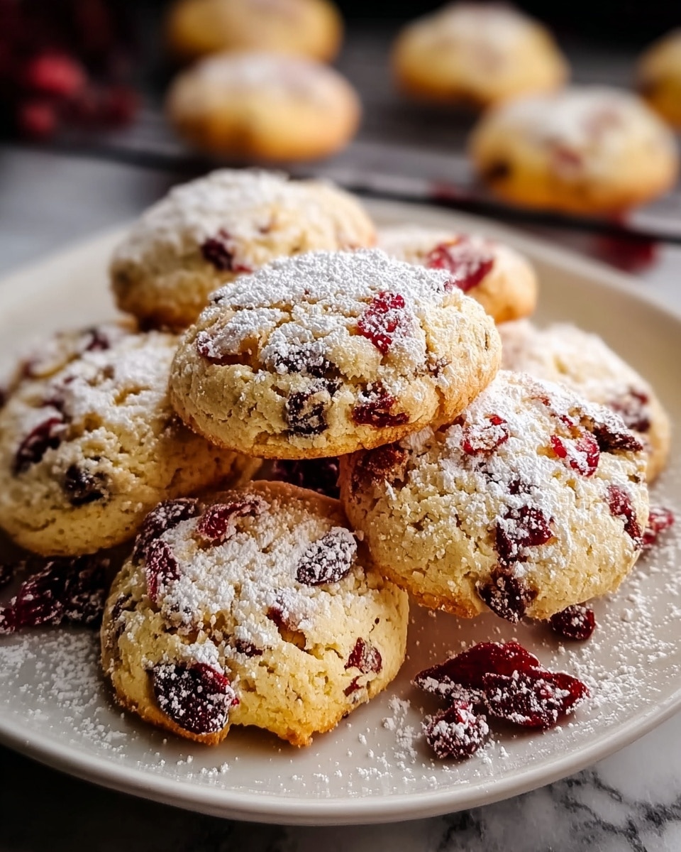 A large white rectangular tray filled with a full batch of freshly baked cranberry cookies, each cookie generously studded with whole cranberries and lightly dusted with powdered sugar, arranged closely and evenly across the entire tray. The cookies have a golden-brown, slightly crumbly texture, showcasing a homemade, rustic look. The shot is taken at a 3/4 angle on a white marble surface with natural lighting, capturing the entire uncut batch like a hero shot from a food magazine, photo taken with an iphone --ar 4:5 --v 7