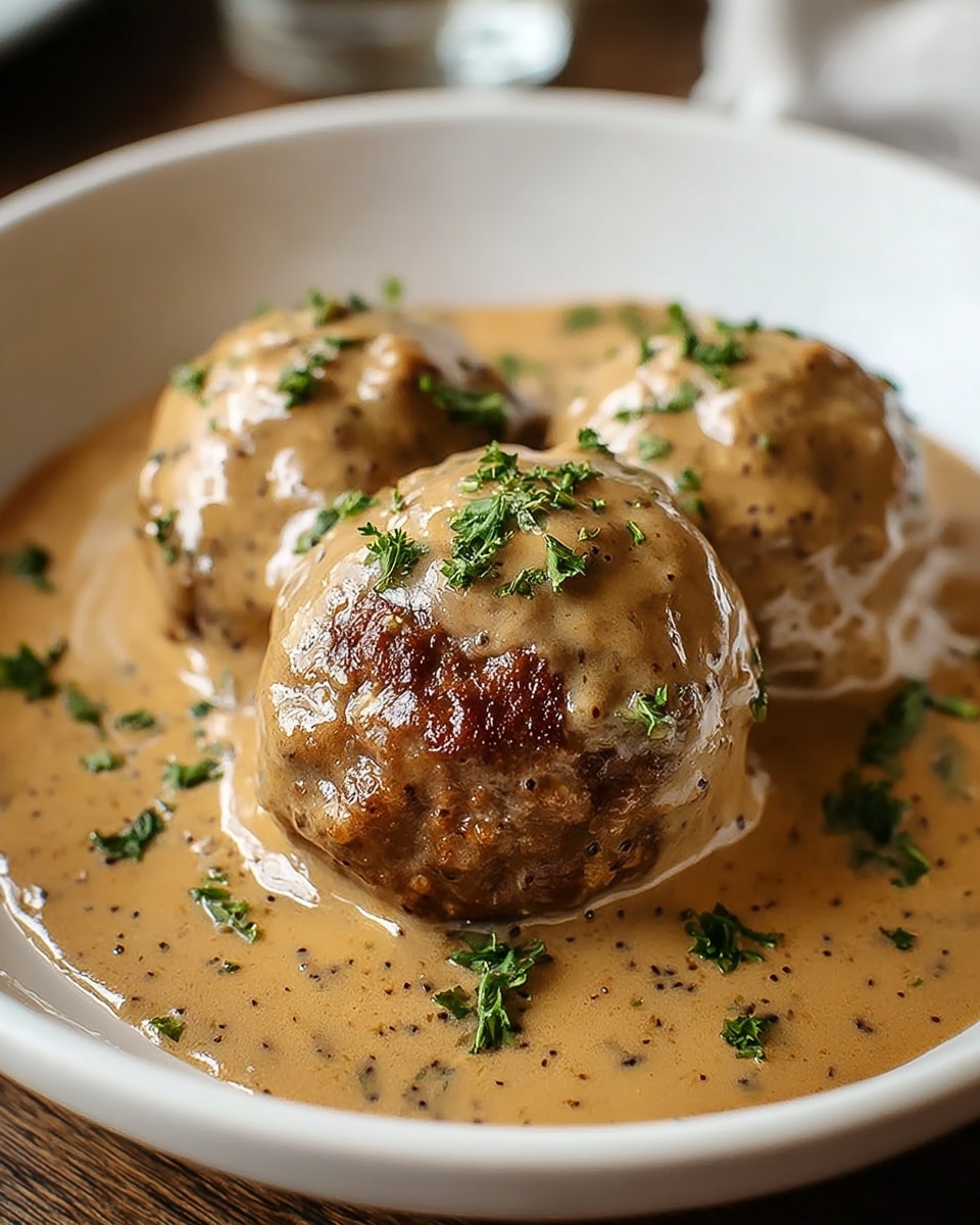 Large white serving bowl filled with a generous full portion of Swedish meatballs in creamy brown gravy, meatballs browned and smothered evenly in the rich sauce, sprinkled with finely chopped fresh parsley, whole dish photographed from a 3/4 angle on a white marble countertop, natural lighting, professional food styling photo taken with an iphone --ar 4:5 --v 7