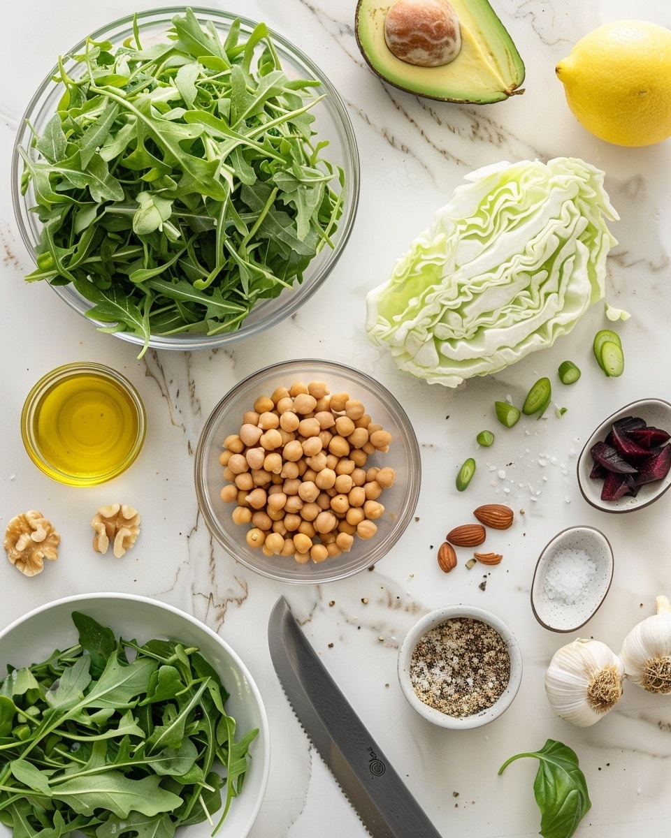 Single white bowl containing a vibrant serving of chickpea salad with bright green olives, fresh arugula, chunks of deep purple-red beets, and crumbled white feta cheese, close-up angled shot capturing the varied textures and colors of the ingredients, garnished with fresh herbs, placed on a white marble surface, natural lighting highlighting the freshness and moisture of the salad, intimate plated serving photo taken with an iphone --ar 4:5 --v 7