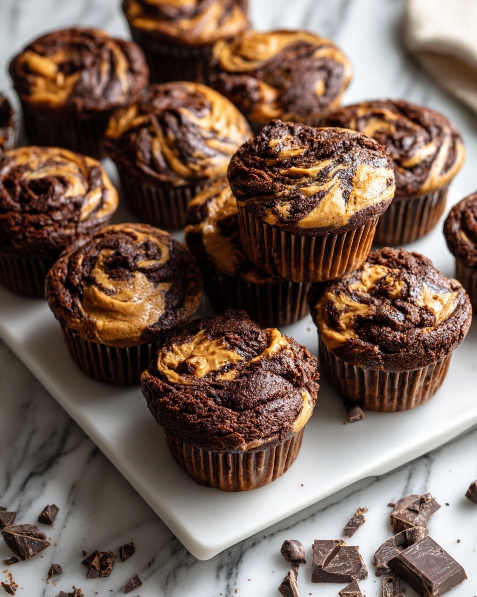 A white rectangular serving tray filled with a dozen whole chocolate and peanut butter swirl muffins, each muffin showing a rich marbled pattern of dark chocolate and creamy peanut butter swirled on top, arranged neatly with one muffin slightly elevated to reveal its moist interior texture, surrounded by scattered chocolate chunks and crumbs on a white marble surface, captured in beautiful natural lighting from a professional 3/4 angle food magazine hero shot, photo taken with an iphone --ar 4:5 --v 7