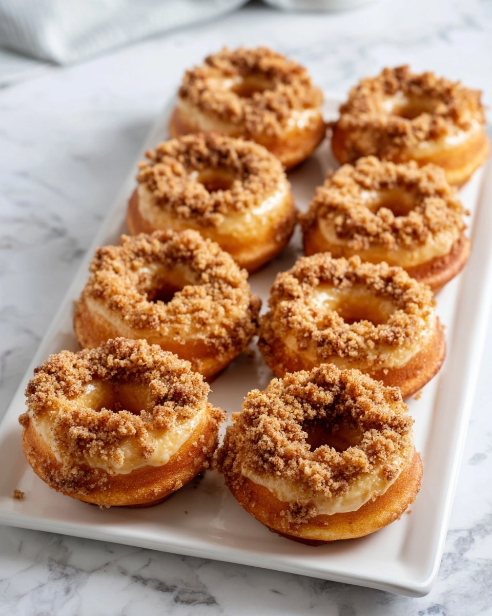 White rectangular serving platter with a full dozen of crumb-topped coffee cake donuts arranged neatly in rows, each donut showcasing a golden baked exterior with generous cinnamon streusel crumb topping, all donuts perfectly intact and uncut, photographed from a 3/4 angle on a white marble surface with natural lighting, styled as a professional food magazine hero shot, photo taken with an iphone --ar 4:5 --v 7
