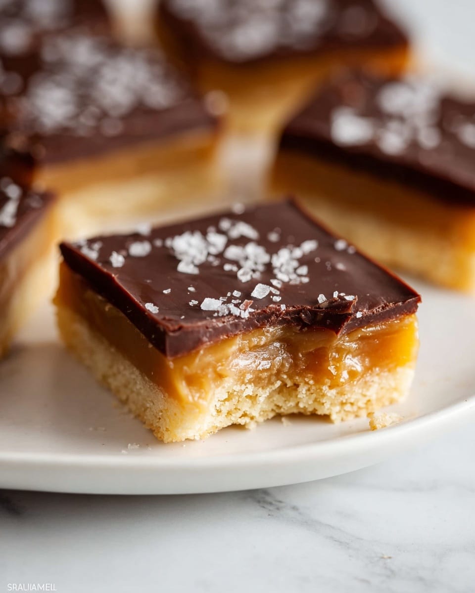 Whole rectangular dessert bar pan filled with thick, layered caramel shortbread squares topped with smooth dark chocolate ganache and sprinkled with coarse sea salt flakes, uncut and fully assembled with an even glossy chocolate surface, presented on a large white baking pan photographed with natural light from a 3/4 angle, white marble background, professional food magazine hero shot photo taken with an iphone --ar 4:5 --v 7
