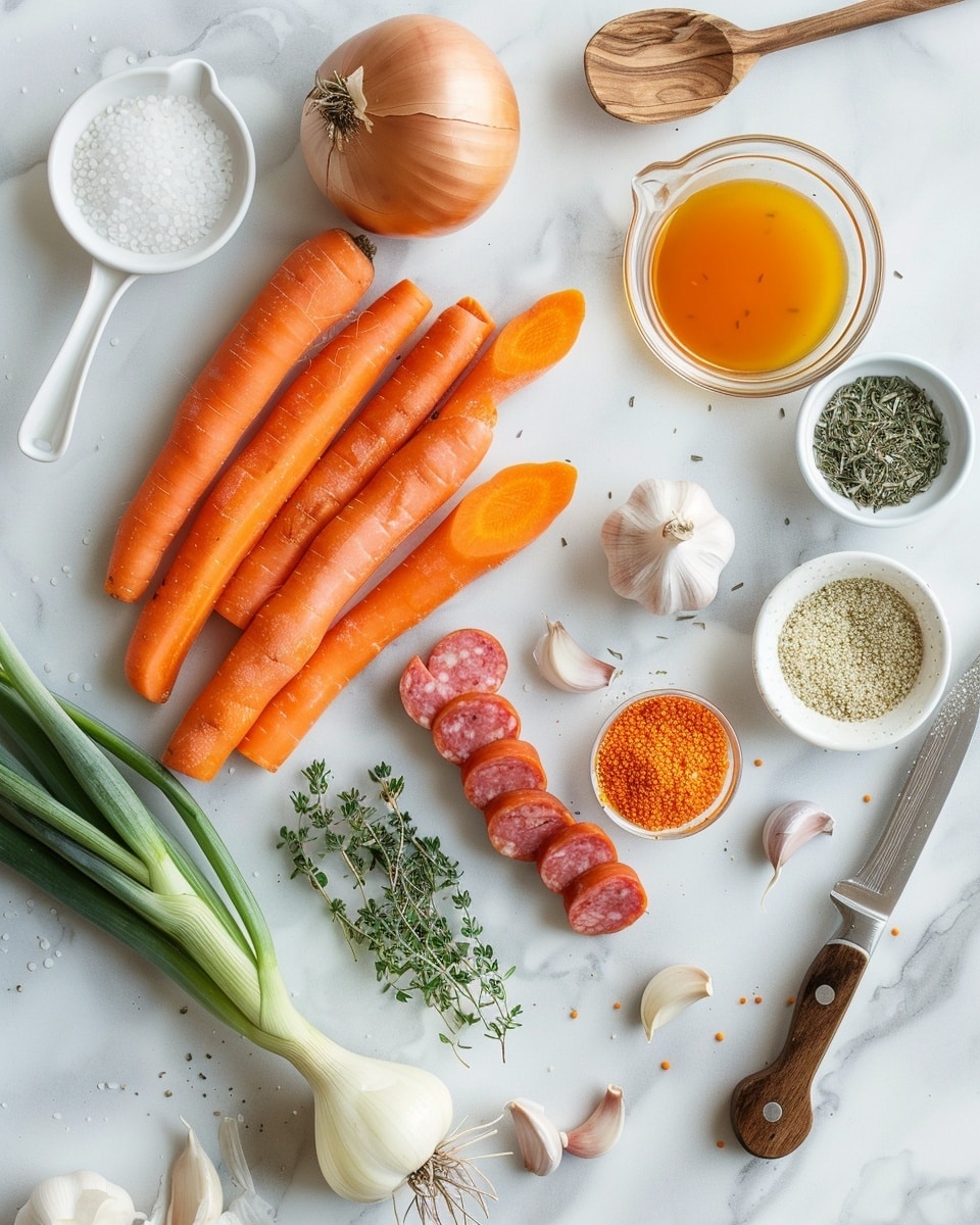 Single white bowl containing a hearty serving of creamy split pea soup with visible tender chunks of sausage, carrot pieces, and fresh herbs scattered throughout, close-up angle showing the thick, textured broth and savory ingredients, accompanied by a rustic slice of crusty bread leaning on the edge of the bowl, set on a white marble surface with natural lighting highlighting the warm, comforting appeal, styled like a food blog intimate plated serving photo taken with an iphone --ar 4:5 --v 7