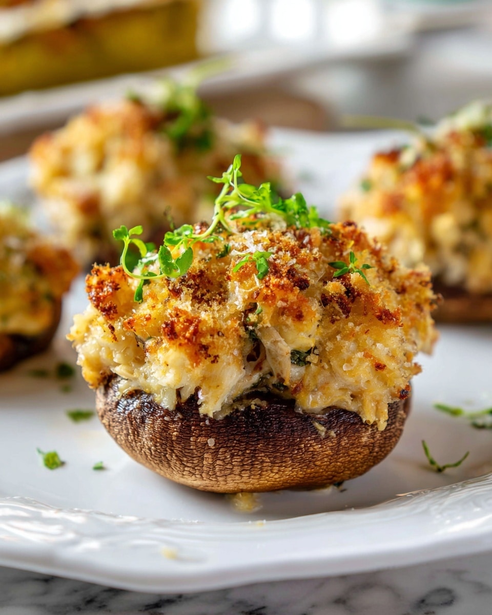 Large white rectangular platter filled with an arrangement of whole stuffed mushrooms, each mushroom cap generously filled with a golden, cheesy breadcrumb mixture speckled with finely chopped herbs and melted cheese, topped with a light sprinkle of fresh parsley, the dish presented on a white marble countertop with natural lighting, professional 3/4 angle food magazine style photo taken with an iphone --ar 4:5 --v 7
