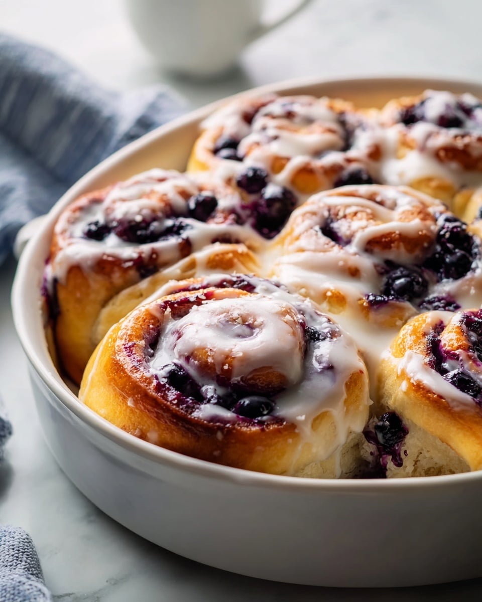 Large white ceramic baking dish filled with a full batch of freshly baked blueberry cinnamon rolls, each golden brown with swirls of rich blueberry filling and topped with a generous drizzle of creamy white glaze, arranged closely together in the pan to showcase their fluffy texture and glossy glaze, whole dish photographed from a 3/4 angle on a white marble countertop with natural lighting, styled for a professional food magazine hero shot, photo taken with an iphone --ar 4:5 --v 7