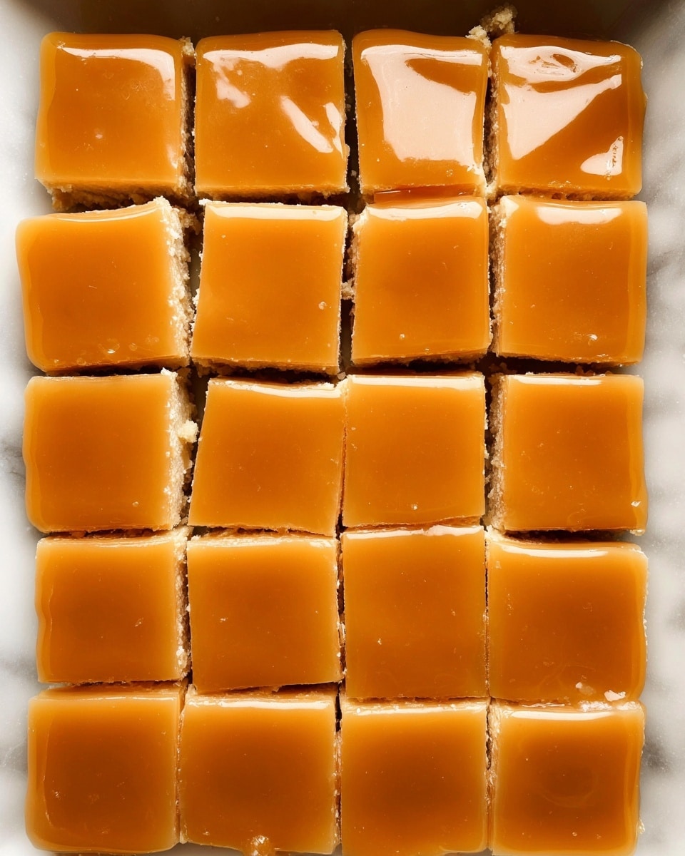 Large white rectangular baking pan filled with freshly baked caramel-topped squares, showcasing a smooth and glossy golden caramel layer evenly spread over each uncut square, arranged in a perfect grid, with a rich creamy base visible beneath the caramel, whole dish photographed from above on a white marble countertop with natural lighting, professional food styling photo taken with an iphone --ar 4:5 --v 7