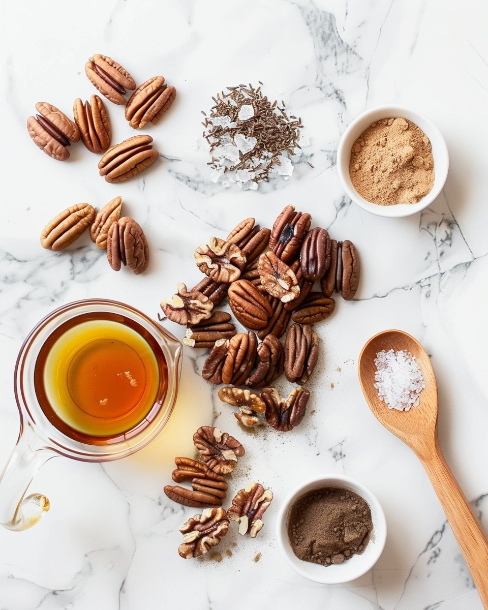 Single white plate holding a small heap of spiced candied pecans glistening with a caramelized coating, close-up angle emphasizing the textured ridges and rich glossy sheen of each pecan, sprinkled lightly with flaky sea salt crystals, natural lighting highlights the deep brown color variations and crunchy texture, placed on white marble surface, intimate plated serving photo taken with an iphone --ar 4:5 --v 7