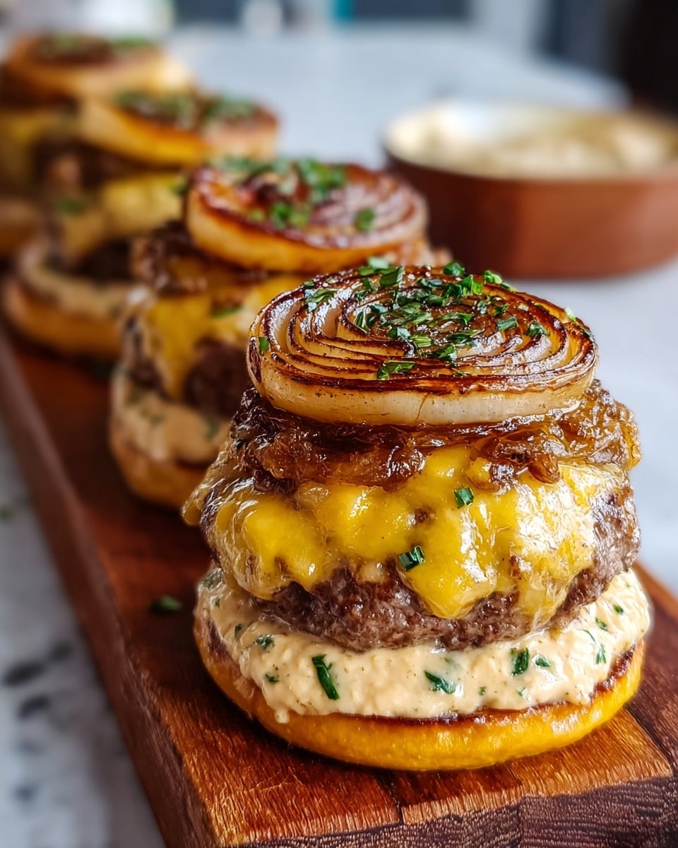 A wooden board displaying multiple stacked gourmet burgers with thick layers of melted cheddar cheese, creamy herb-speckled sauce, and large, perfectly caramelized grilled onion slices on top, arranged side by side to showcase a satisfying full serving, shot from a 3/4 angle on a white marble background with soft natural lighting, styled like a premium food magazine hero shot, photo taken with an iphone --ar 4:5 --v 7