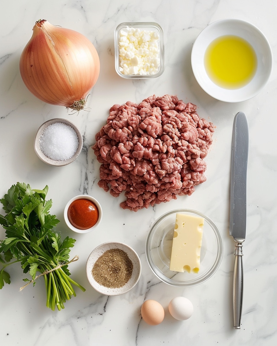 Single white plate showcasing one plated serving of a thick, juicy cheeseburger patty topped with melted cheddar cheese oozing down the sides, layered with a creamy sauce flecked with herbs, crowned by a perfectly caramelized, spiral-cut grilled onion ring, close-up angled shot emphasizing the rich melt of the cheese and the texture of the sauce and onion, natural lighting highlighting the glossy, charred textures, white marble background, intimate styled food blog presentation photo taken with an iphone --ar 4:5 --v 7