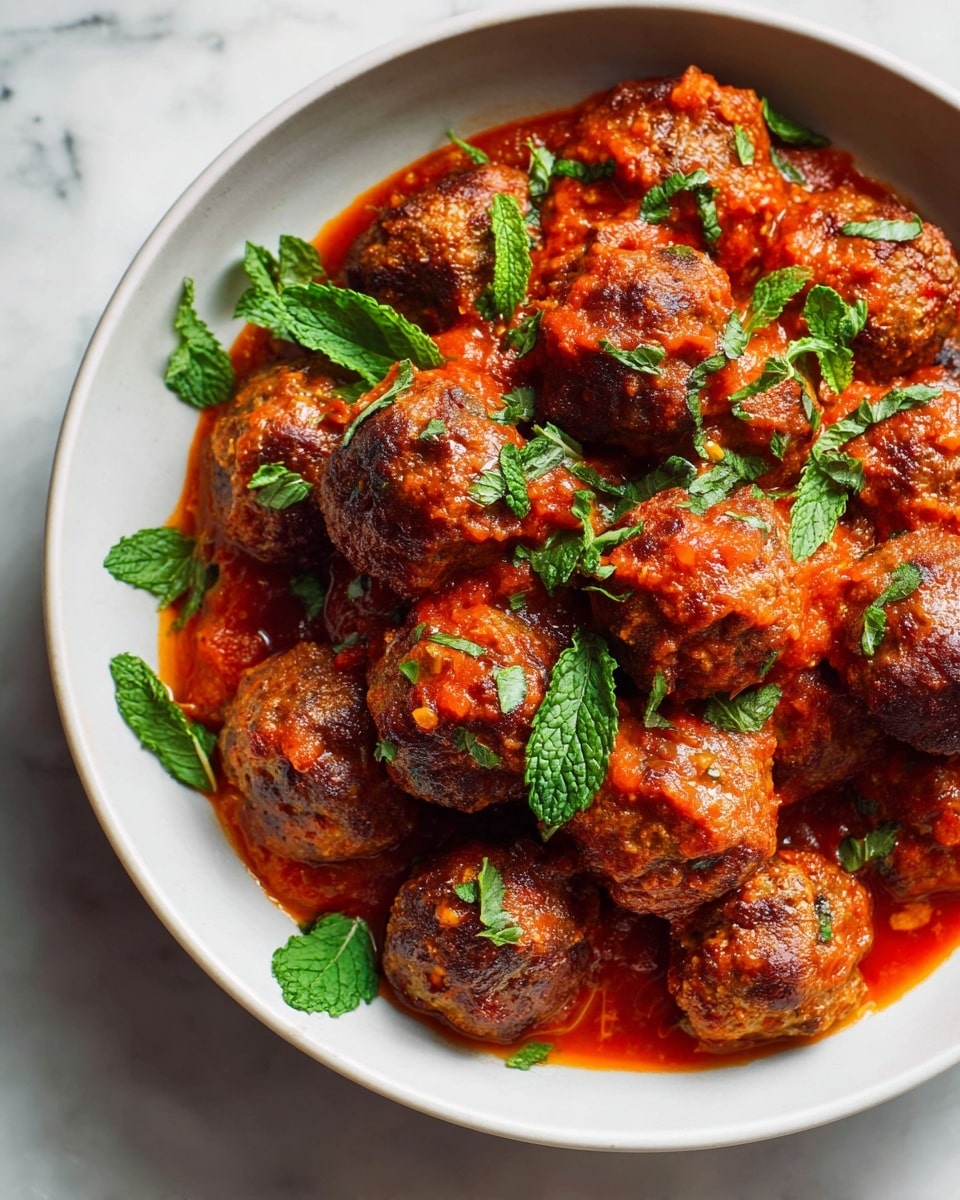 Large white bowl filled with an abundant serving of well-browned meatballs generously coated in vibrant red tomato sauce, garnished with fresh bright green mint leaves scattered on top, whole meatballs displayed with a natural shine from the sauce, photographed from a 3/4 angle on a white marble countertop under soft natural lighting, professional food magazine hero shot photo taken with an iphone --ar 4:5 --v 7