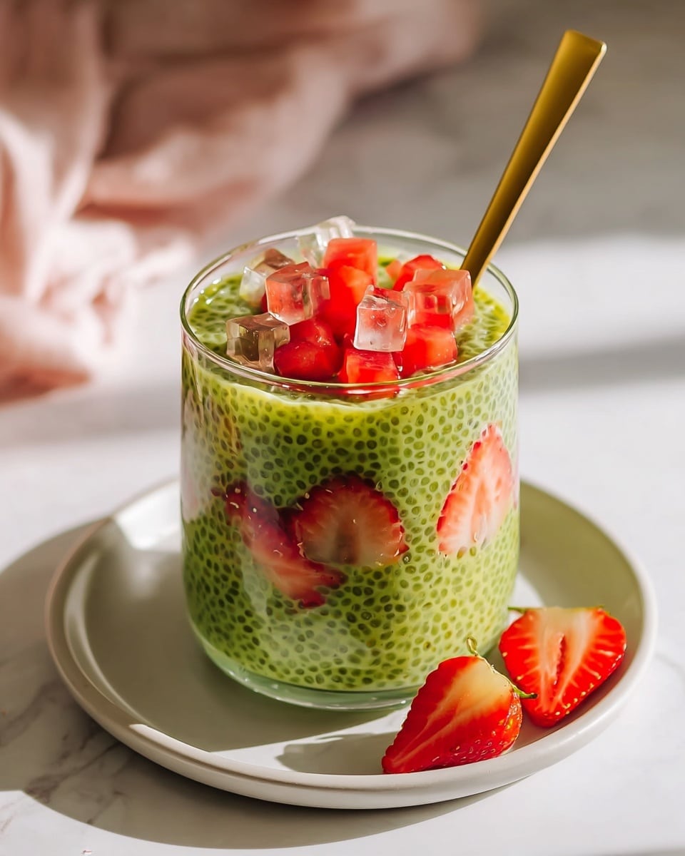 Two large white glasses filled with vibrant green matcha chia pudding, suspended with black chia seeds and studded with fresh diced strawberries and pale melon cubes, garnished with heart-shaped strawberry slices, perfectly arranged side by side on a white marble countertop with natural light highlighting the creamy texture and vibrant colors, styled as a hero shot from a food magazine, whole dish in frame photo taken with an iphone --ar 4:5 --v 7