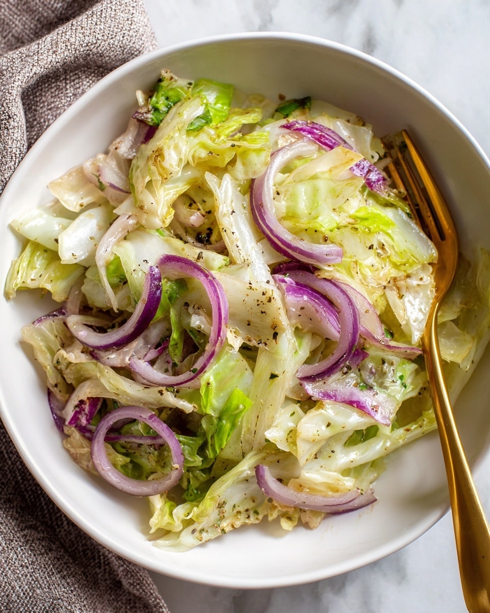 Large white ceramic skillet filled with a generous portion of sautéed cabbage and red onions, showcasing vibrant green cabbage leaves mixed with translucent, tender slices of red onion, lightly seasoned with cracked black pepper, presented as a whole dish from a 3/4 angle on a white marble countertop, illuminated by natural light to emphasize the fresh and wholesome ingredients, professional food magazine hero shot photo taken with an iphone --ar 4:5 --v 7