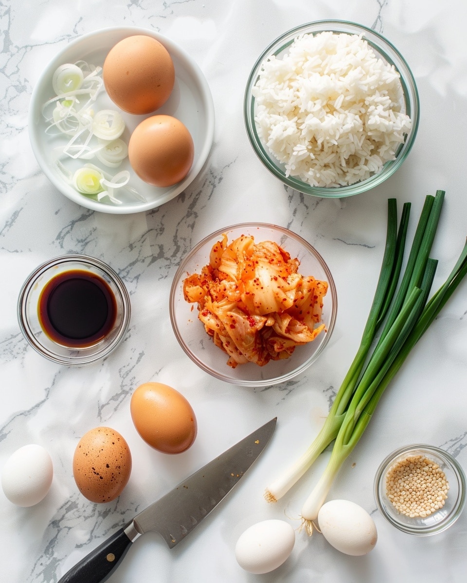 Single white plate showcasing one portion of vibrant kimchi fried rice topped with a perfectly cooked sunny-side-up egg, close-up angled shot revealing the fluffy texture of the rice mixed with scattered pieces of kimchi, specks of sesame seeds sprinkled on top and finely chopped green onions adding fresh color contrast, natural lighting highlighting the glossy egg yolk and the slight crispiness at the edges of the egg white, all served on a white marble surface, styled like an inviting individual serving from a food blog, photo taken with an iphone --ar 4:5 --v 7