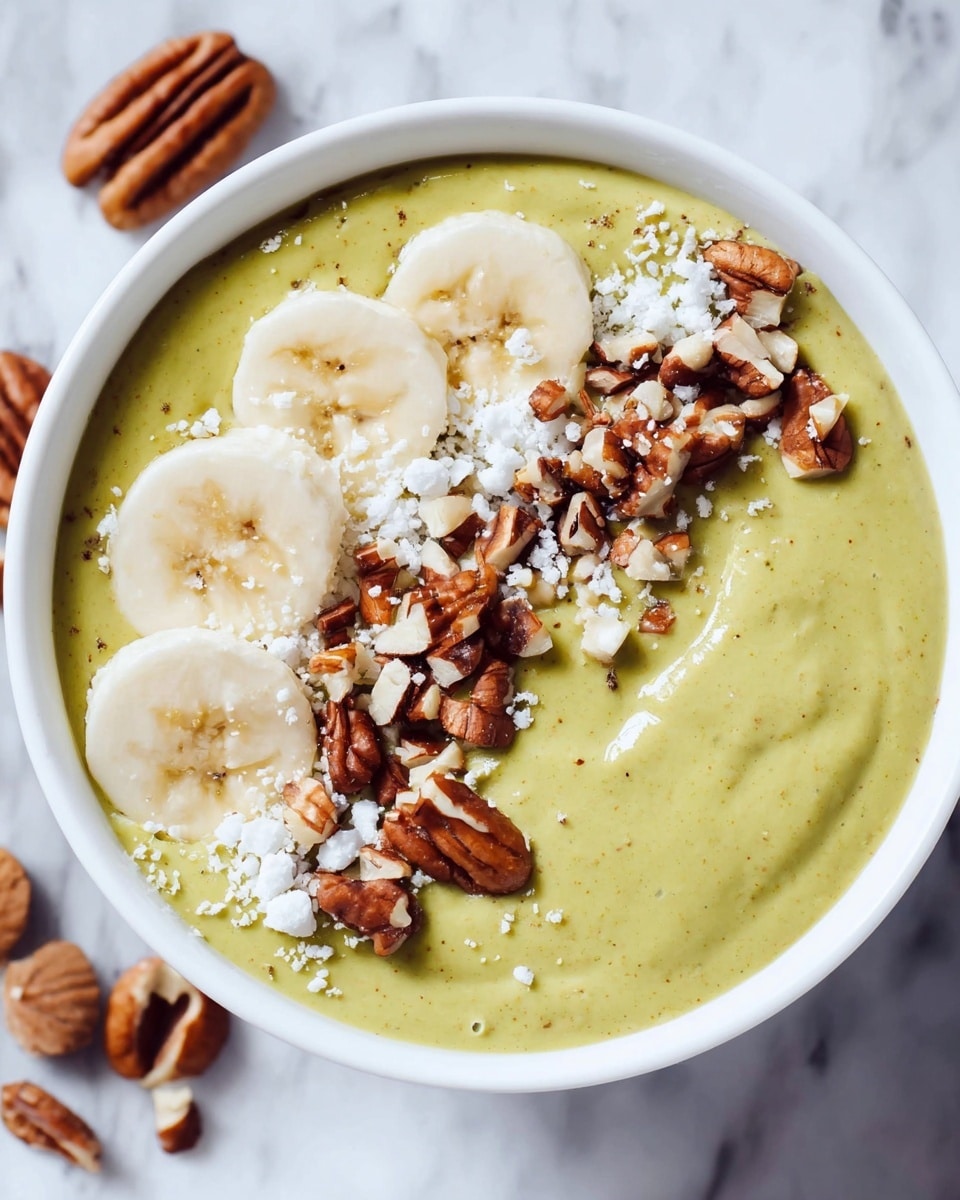 Two large white bowls filled with creamy banana smoothie topped generously with sliced fresh bananas, chopped pecans, crumbled white cheese, and cacao nibs, arranged with additional pecans and banana slices scattered artistically on a pristine white marble countertop, professional food styling with natural lighting, capturing the entire presentation from a 3/4 angle shot, photo taken with an iphone --ar 4:5 --v 7