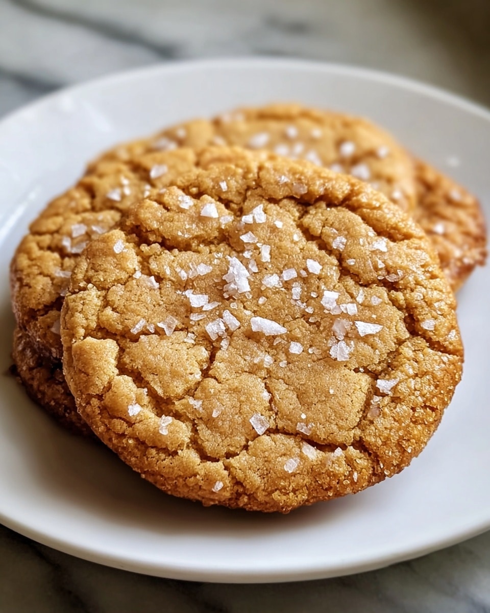 Large white round plate fully stacked with a generous batch of golden brown soft cookies sprinkled with coarse sea salt crystals, each cookie showcasing a delicate cracked surface and a slightly chewy texture, presented together as a full collection under natural light on a white marble background, styled like a professional food magazine hero shot, photo taken with an iphone --ar 4:5 --v 7
