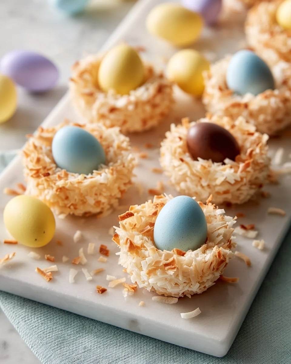 White rectangular platter displaying a full assortment of delicate coconut nests, each intricately crafted with toasted shredded coconut forming a perfect nest shape, filled with smooth pastel-colored chocolate eggs in shades of yellow, blue, and milk chocolate brown. The nests are uniformly arranged in neat rows, showcasing their detailed texture and vibrant candy eggs with some toasted coconut flakes scattered artistically around. The scene is captured from a professional 3/4 angle on a clean white marble countertop with natural lighting, styled as a bright, festive, and inviting Easter-themed presentation. Photo taken with an iphone --ar 4:5 --v 7