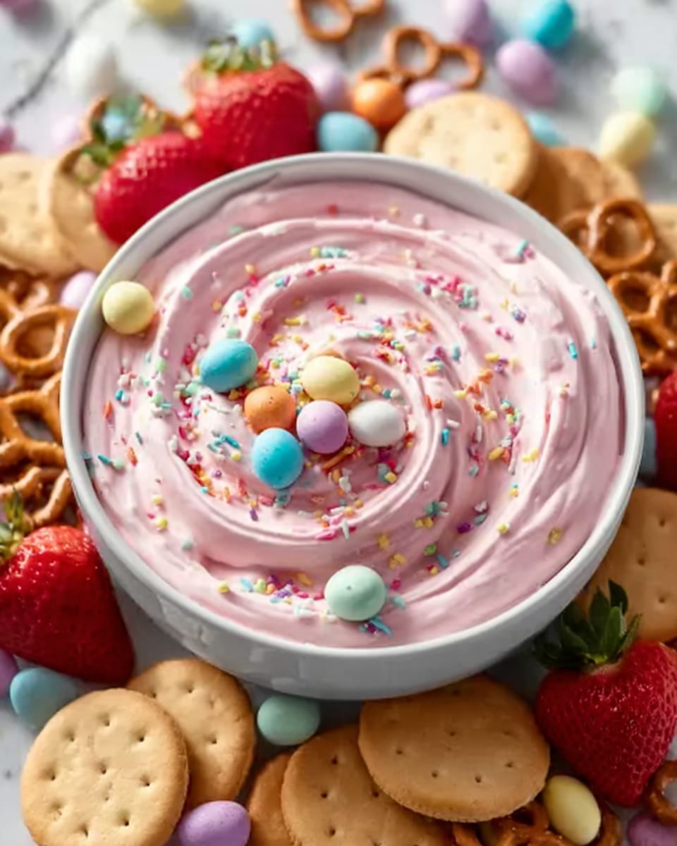 A large white bowl filled with a smooth, creamy pink yogurt dip swirled elegantly on top, generously decorated with pastel-colored candy-coated chocolate eggs and multicolored sprinkles, surrounded by an assortment of fresh strawberries, pretzels, and round vanilla cookies neatly arranged around the bowl on a white marble surface, natural lighting highlighting the vibrant colors, professional food magazine style, photo taken with an iphone --ar 4:5 --v 7