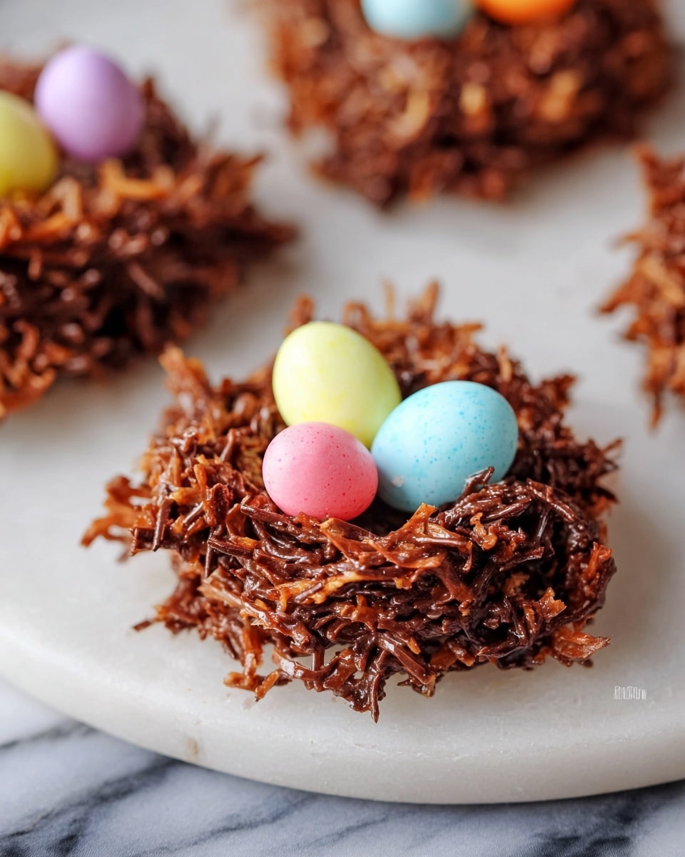 White serving platter filled with a full batch of chocolate coconut bird's nest cookies, each nest intricately shaped with shredded coconut coated in glossy dark chocolate, topped with three colorful speckled candy eggs in pastel shades of pink, blue, yellow, and orange, scattered candy eggs surrounding the platter on a white marble background, natural light highlighting the texture and colors, professional food magazine style hero shot from a 3/4 angle, whole dish in frame, photo taken with an iphone --ar 4:5 --v 7