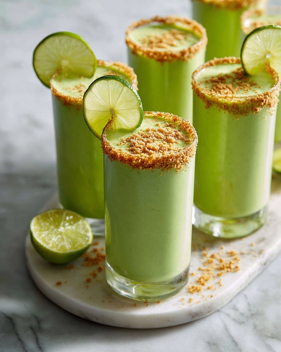 Large white serving tray with multiple tall glasses filled with smooth, vibrant green lime smoothie, each glass rimmed with crushed graham cracker crumbs and garnished with a fresh lime wheel on top, arranged neatly together, shot from a 3/4 angle on a white marble surface with natural lighting, evoking a fresh and refreshing hero food magazine style photo taken with an iphone --ar 4:5 --v 7