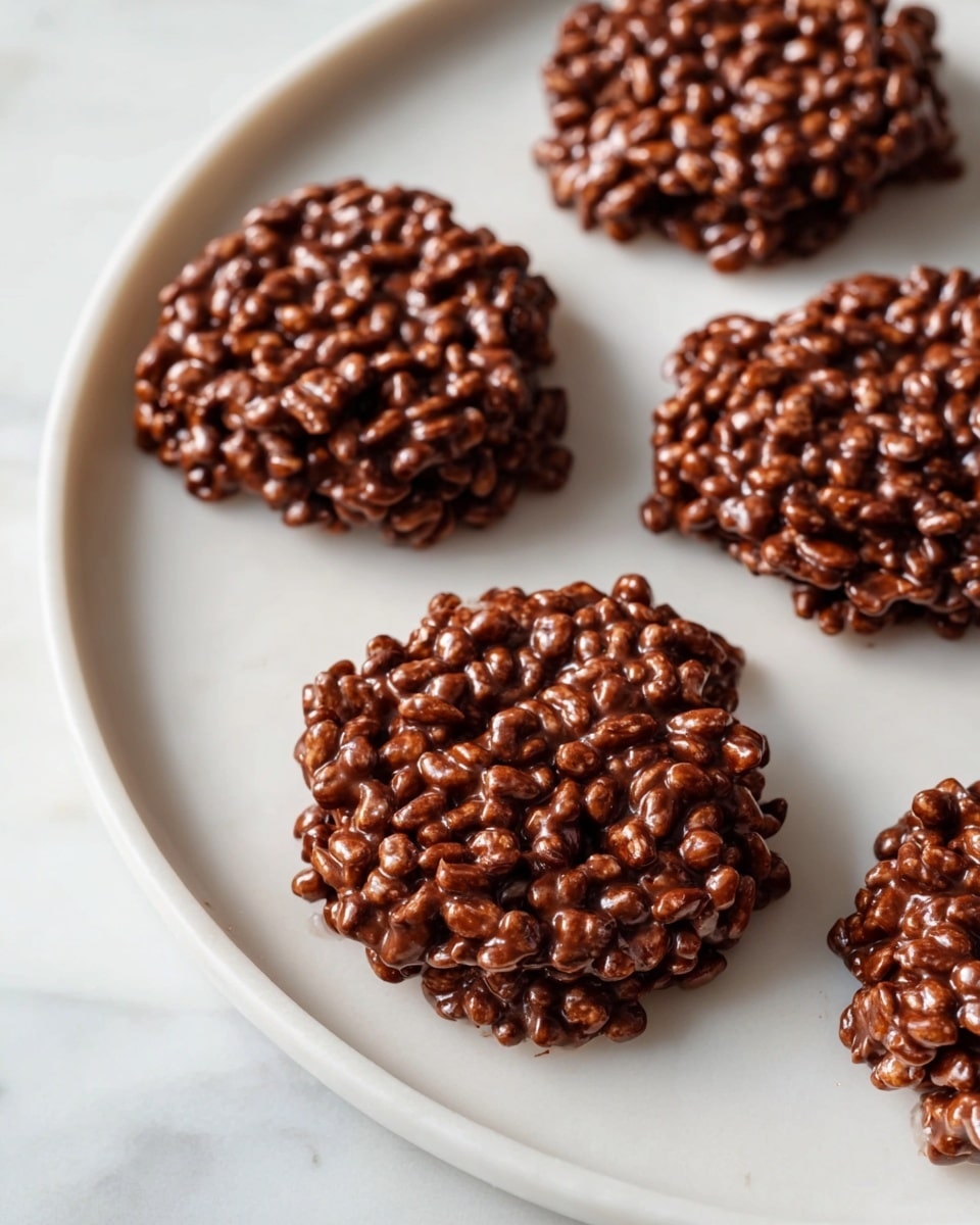 Seven chocolate rice crispy treats arranged neatly on a large white rectangular serving platter lined with parchment paper, each round treat showing a glossy, textured surface of puffed rice cereal coated in rich chocolate, photographed from a 3/4 angle on a white marble countertop with natural lighting, styled as a professional food magazine hero shot, whole dish in frame, photo taken with an iphone --ar 4:5 --v 7