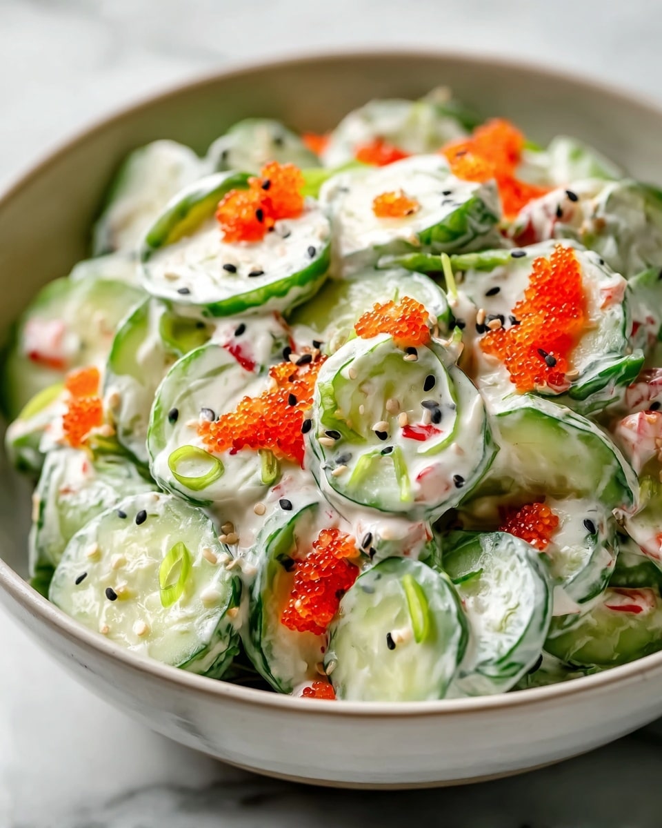 Large white ceramic bowl filled with a creamy cucumber salad featuring crisp, thinly sliced cucumbers mixed with diced red bell peppers, green onion rings, black sesame seeds, and a generous coating of smooth, white dressing, garnished with vibrant orange fish roe, whole dish photographed from a professional 3/4 angle on a white marble countertop with natural lighting, styled like a hero shot from a food magazine, photo taken with an iphone --ar 4:5 --v 7