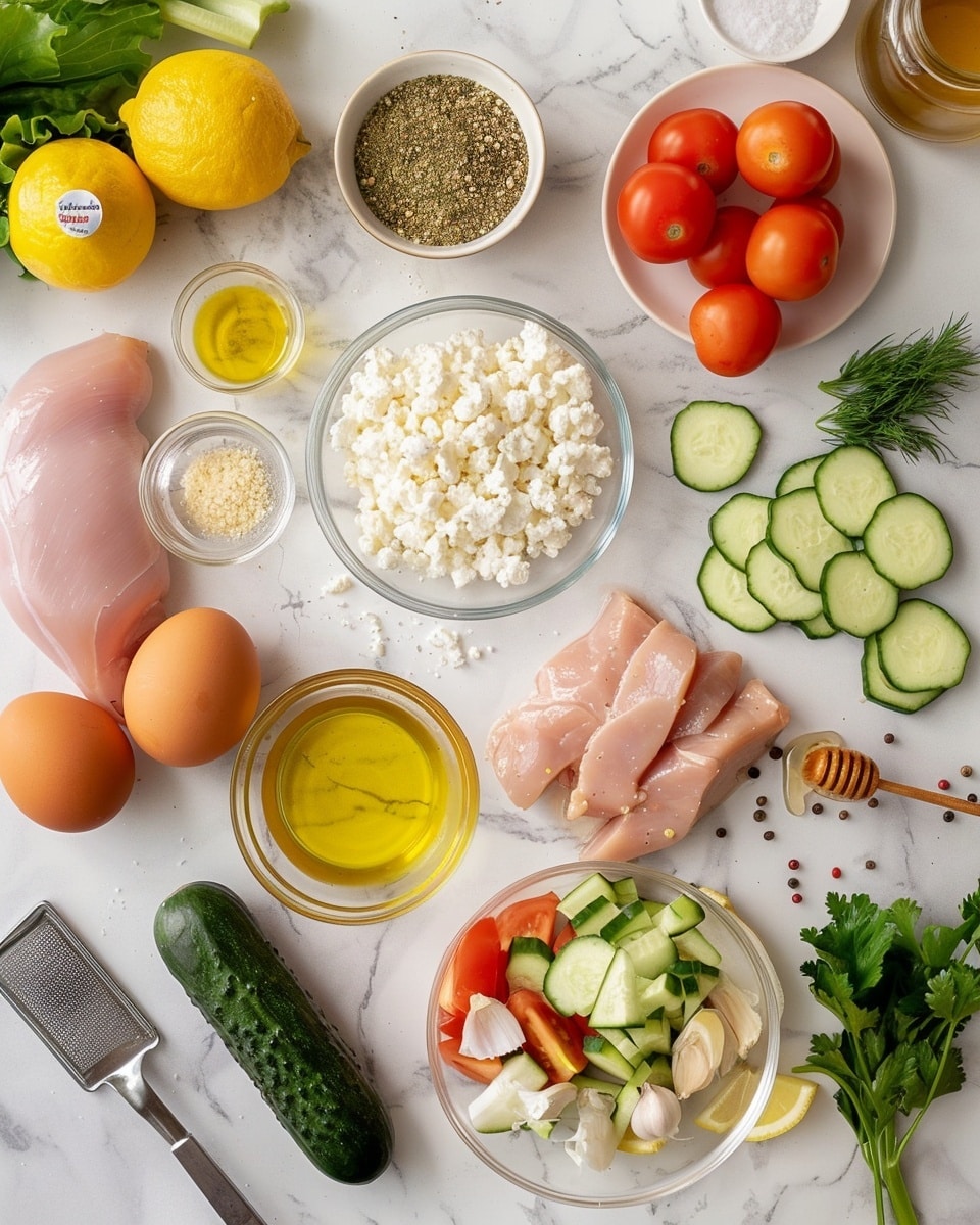 Single white bowl with a plated serving of grilled marinated chicken cubes resting on a bed of fluffy white rice, accompanied by a dollop of creamy tzatziki sauce speckled with fresh dill, crisp cucumber slices, diced red onions, bright cherry tomato halves, and crumbled feta cheese scattered around, close-up angle emphasizing the charred, herb-speckled texture of the chicken and the vibrant colors of the fresh vegetables, placed on a white marble surface with natural lighting, intimate plated serving photo taken with an iphone --ar 4:5 --v 7