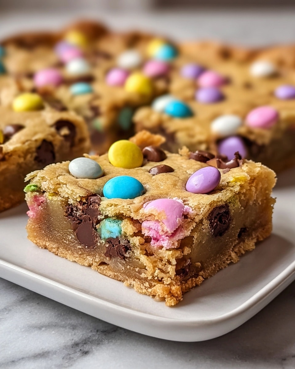 Full rectangular white baking pan filled with a thick, golden brown blondie square dessert embedded with colorful candy-coated chocolate pieces on top and throughout, showcasing a rich and dense texture, all arranged neatly and uncropped on white parchment paper, photographed from a 3/4 angle on a white marble countertop with natural lighting, styled like a hero shot in a food magazine, photo taken with an iphone --ar 4:5 --v 7