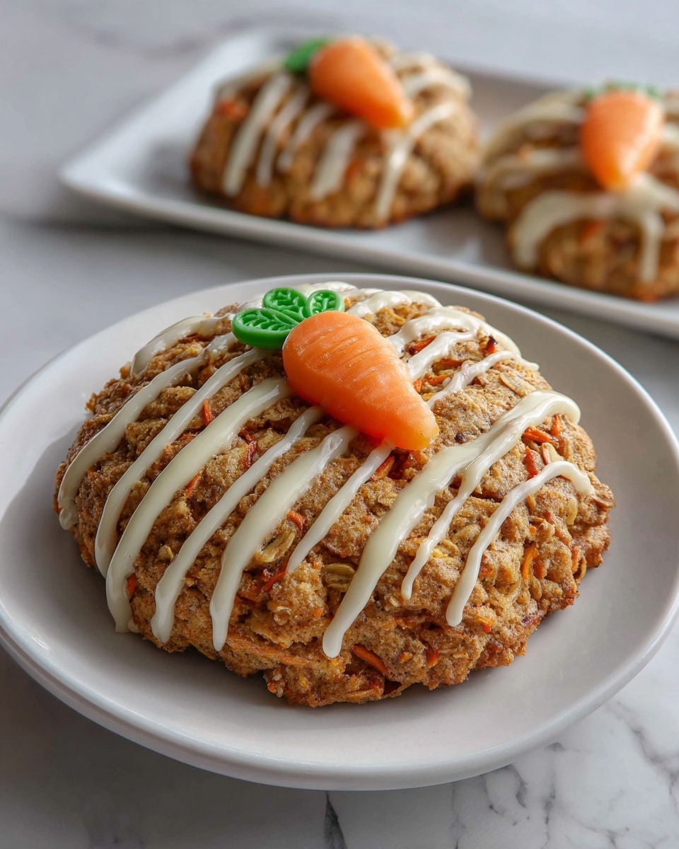 A large white plate filled with a full batch of freshly baked carrot cookies, each cookie generously sized and dotted with visible carrot pieces, all decorated with white icing drizzled evenly across the tops and topped with small, detailed fondant carrots in bright orange and green hues. The cookies are arranged closely together to showcase the entire batch, photographed in natural lighting on a white marble countertop, styled professionally to highlight the texture and decoration, photo taken with an iphone --ar 4:5 --v 7